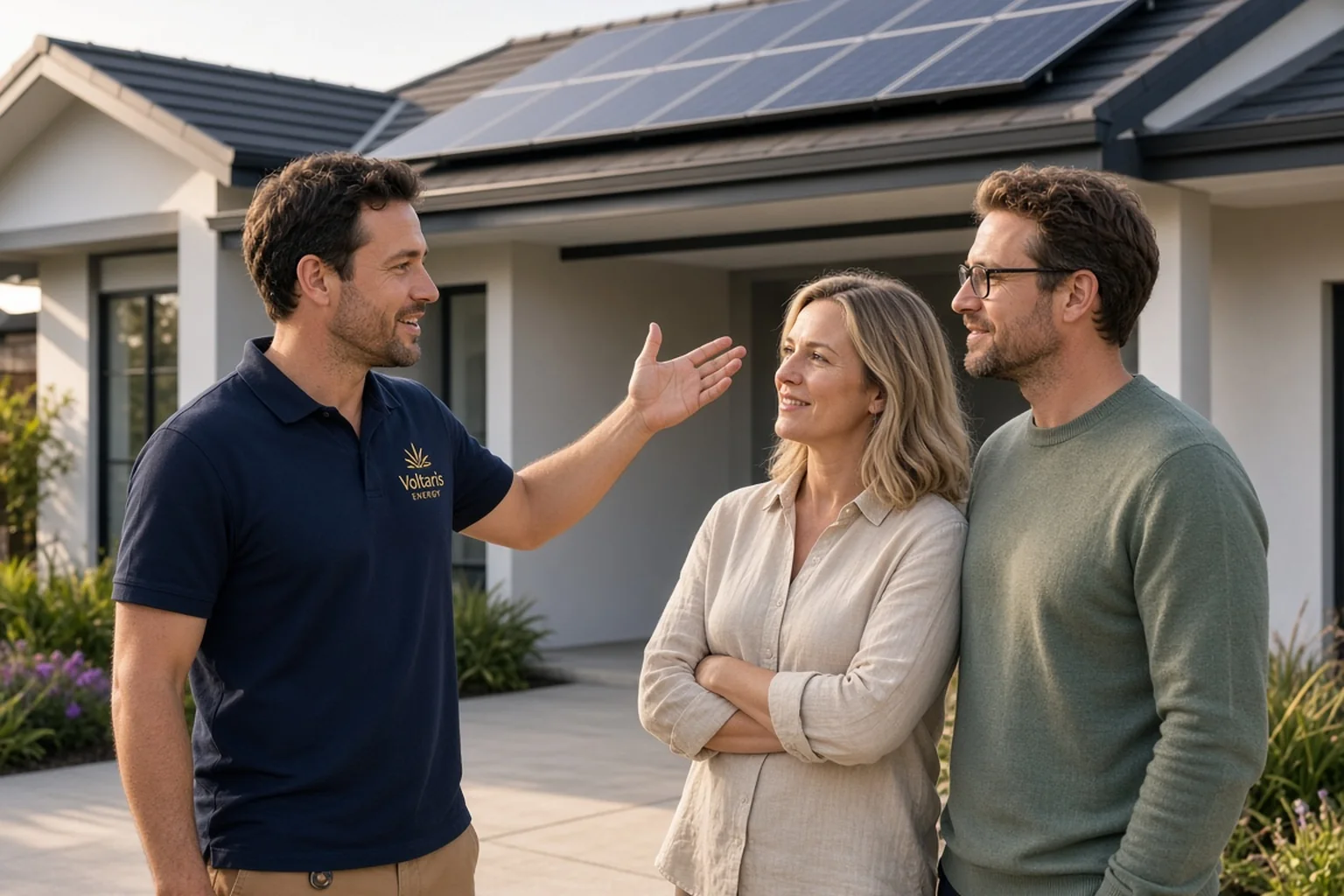 Voltaris Energy installer talking with homeowners about their rooftop solar system